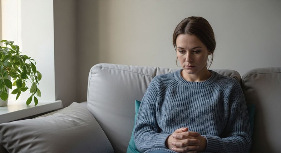 Девушка сидит на диване сцепив руки